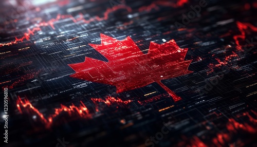 Abstract representation of Canada with a digital maple leaf in red and black ...