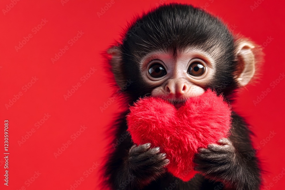 Capuchin - my beloved animal. Ad campaign concept art. Ad campaign design idea. Cute capuchin baby with fluffy red heart - sign of love, funny greeting card. Cute animal couples. Love concept. Capuchin - my beloved animal. Ad campaign concept art. Ad campaign design idea. Cute capuchin baby with fluffy red heart - sign of love, funny greeting card. Cute animal couples. Love concept.