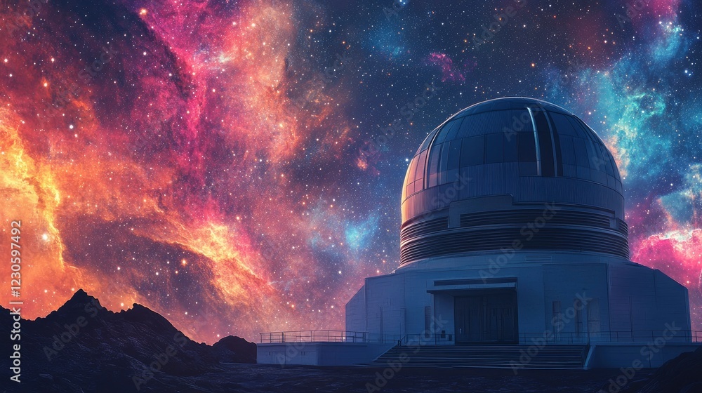 Obraz premium A giant space observatory with vivid galaxies and nebulae in the distance on back, photorealistic, ultra-detailed, cinematic style