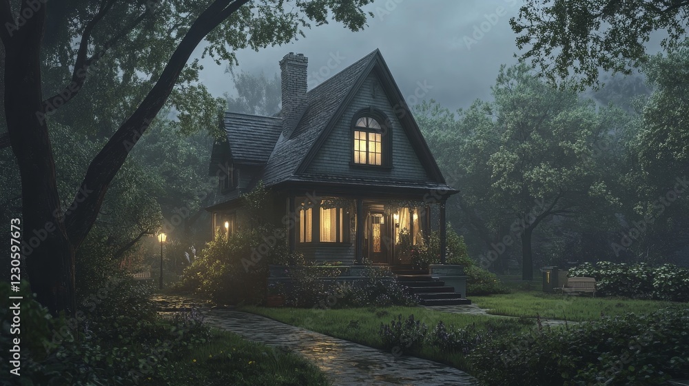 A cozy house illuminated by warm light stands amidst lush greenery at night. The serene atmosphere invites contemplation and evokes a sense of tranquility. A cozy house illuminated by warm light stands amidst lush greenery at night. The serene atmosphere invites contemplation and evokes a sense of tranquility.