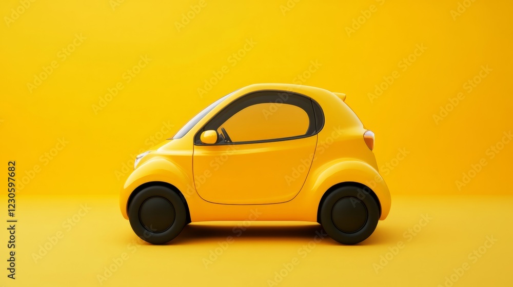 A yellow car is parked on a yellow background. The car is small and has a black front A yellow car is parked on a yellow background. The car is small and has a black front