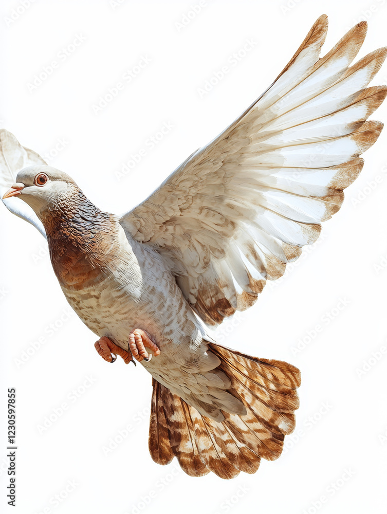 Obraz premium Brown and white pigeon in flight, wings spread wide, isolated on white.