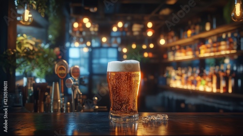 Refreshing craft beer served in a glass at a cozy bar with ambient lighting a...