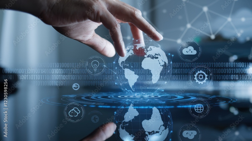 Fototapeta premium Global Network Technology: A Hand Interacting with a Holographic Earth