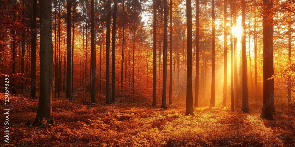 Obraz premium Sunlight filters through tall trees in an autumn forest, casting a warm glow on the foliage below.