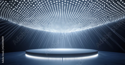 A full shot of a modern virtual TV show background, suitable for artistic shows, technology infomercials, or launch events. This 3D rendering backdrop is designed for VR tracking system stage sets