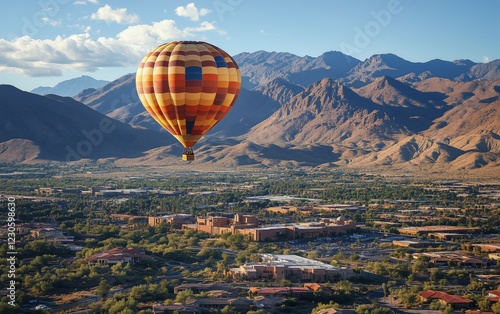 Colorful hot air balloon floats above desert landscape during sunny day