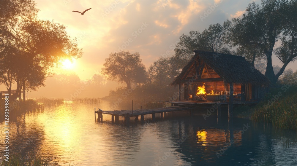 Fototapeta premium Lakeside Cabin Sunset Peaceful Serene Tranquil Evening Scene