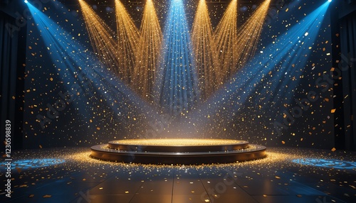 Stage Podium with Golden Ring and Confetti - Generative AI