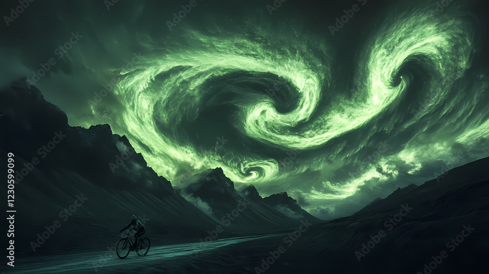 Obraz premium A photograph of the aurora borealis dancing above the mountains in iceland, with swirling green lights and dramatic shapes in the dark sky. Aurora Lagoon. Illustration