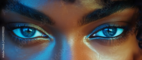 Mesmerizing close-up of striking blue eyes highlighting detailed features and...