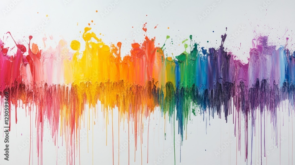 Fototapeta premium Colorful abstract paint splatter art with vibrant rainbow hues on a white backdrop, creating a dynamic and energetic visual impact.