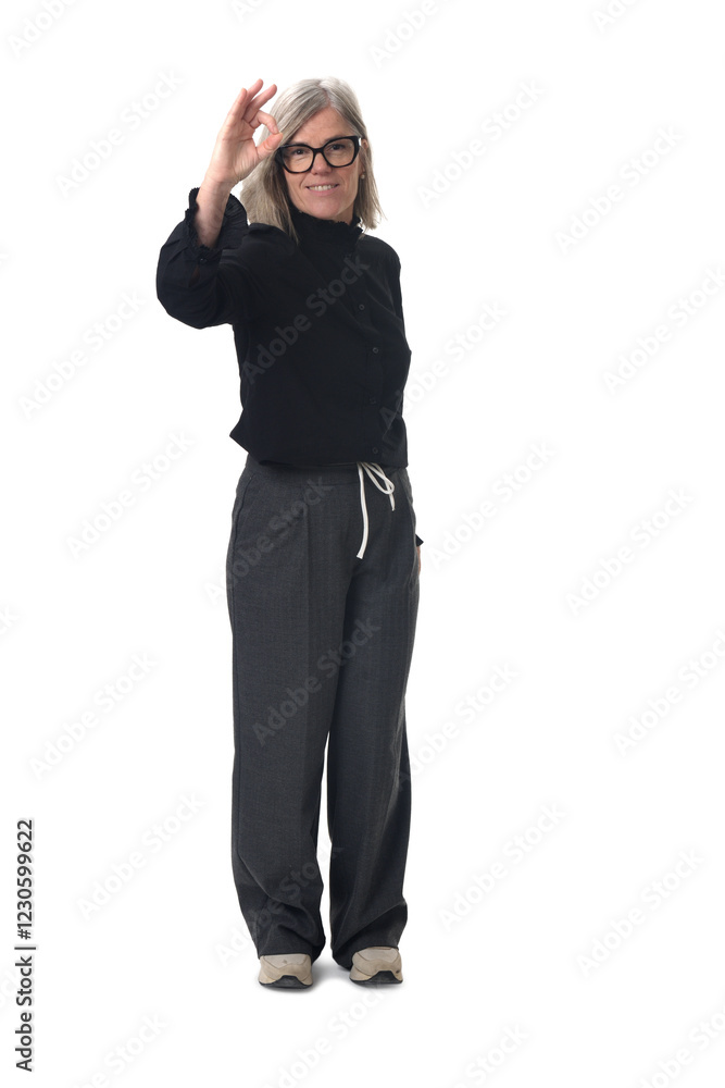 front view of a woman showing the ok sign on white backgroun front view of a woman showing the ok sign on white backgroun