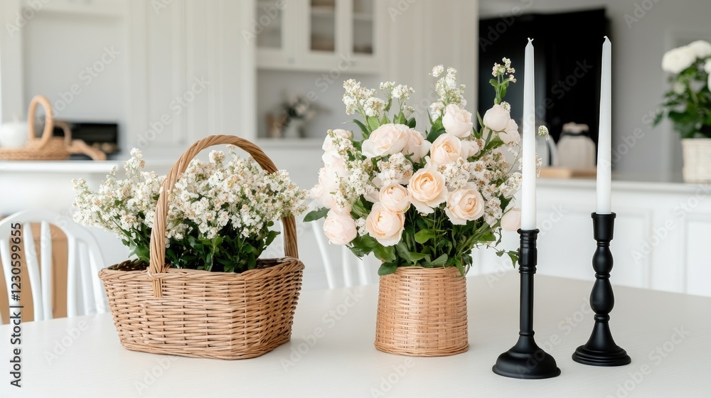 Fototapeta premium Close-up of a beautifully arranged Easter dinner table with white candles, black candlesticks, and baskets of flowers
