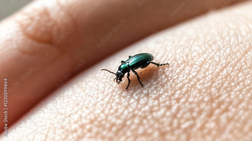 A macro shot of a tiny green bug on a person's left hand A macro shot of a tiny green bug on a person's left hand