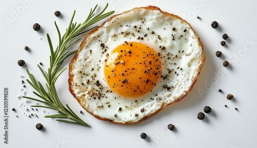 Delicious fried egg garnished with black pepper and rosemary on a white plate