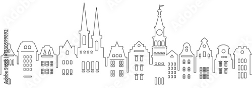 Urban abstract background. Set of Amsterdam style houses. Seamless border. Stylized facades of buildings in old European view.