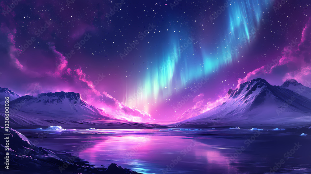 Naklejka premium Aurora borealis dancing over jokulsarlon glacier lagoon in iceland, aurora borealis. Aurora Lagoon. Illustration