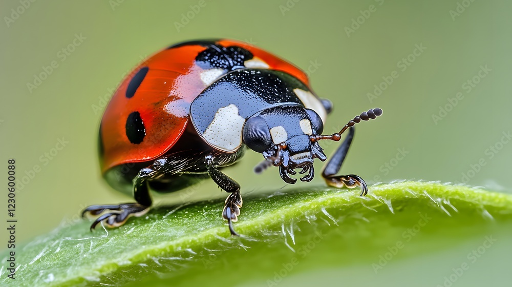 Fototapeta premium Macro Photography of Ladybug on Green Leaf, Detailed Insect Closeup