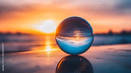 A glass ball is sitting on a table with a beautiful sunset in the background. The ball is reflecting the sun and the sky