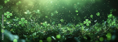 Lush green clover field sparkling with dew in early morning sunlight