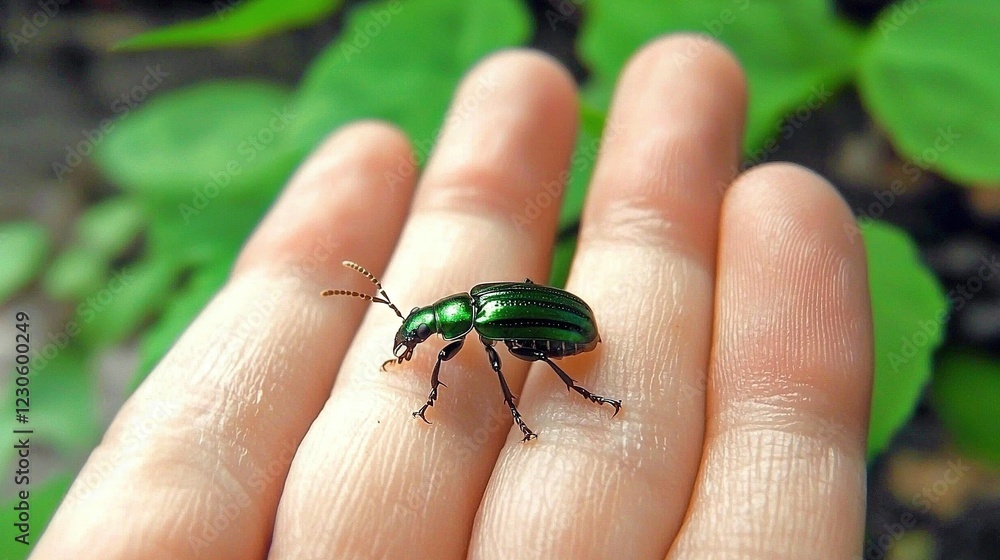 Close-up photo of a person holding a green beetle on their thumb against a blurry background of plants Close-up photo of a person holding a green beetle on their thumb against a blurry background of plants