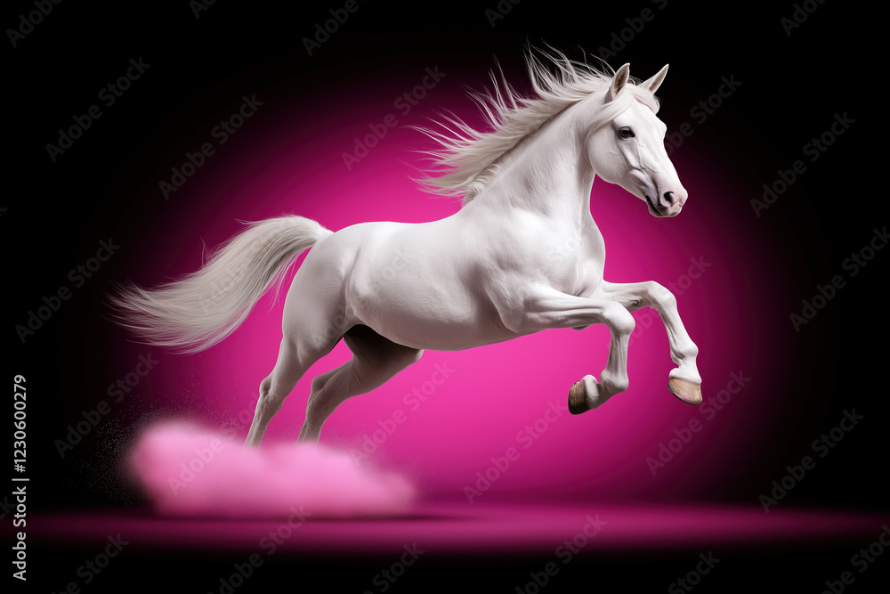 Naklejka premium White unicorn leaps gracefully in front of vibrant pink background at night