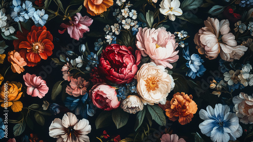 A vintage bouquet of beautiful flowers against a black floral background, featuring a baroque old-fashioned style pattern, suitable for wallpaper or greeting cards.