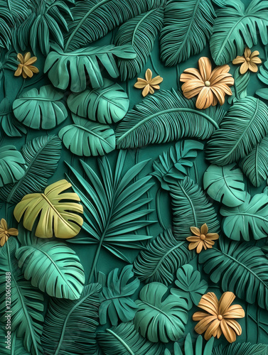 Emerald green tropical leaves and golden flowers, lush 3D textured botanical artwork.