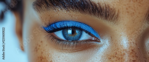 Bright blue eyeliner highlights stunning eye features in close-up portrait of...