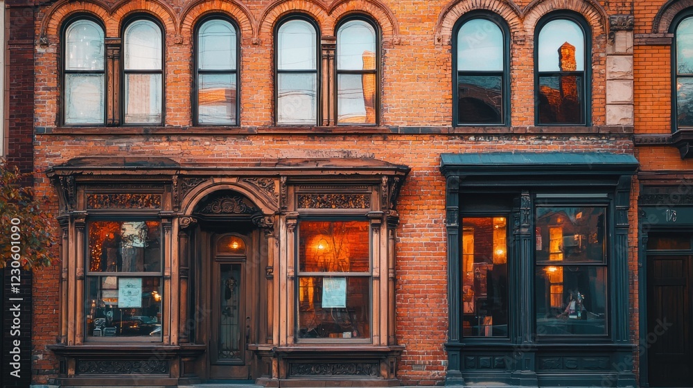 Evening light on historic brick buildings with arched windows and storefronts. Evening light on historic brick buildings with arched windows and storefronts.