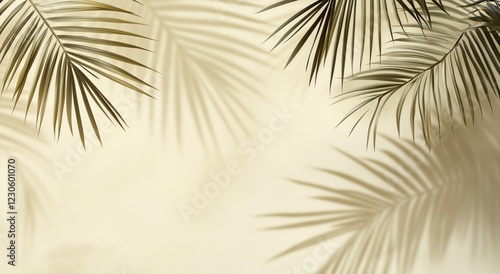 Lush palm leaves cast gentle shadows on a light background in a tranquil indo...