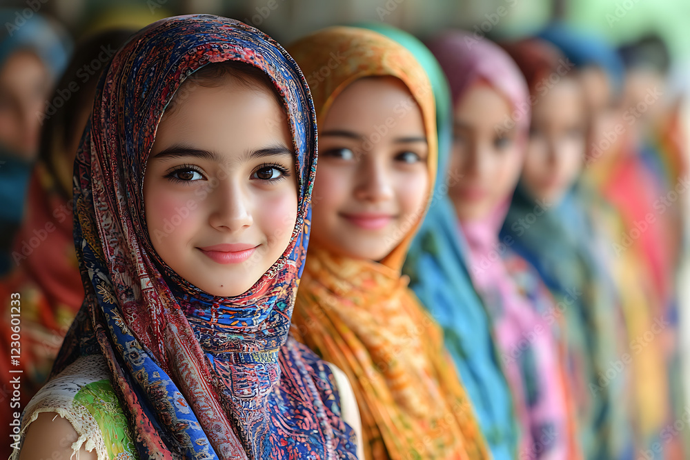 A diverse group of women from different cultures, dressed in vibrant traditional clothing, standing together with joyful expressions. A diverse group of women from different cultures, dressed in vibrant traditional clothing, standing together with joyful expressions.