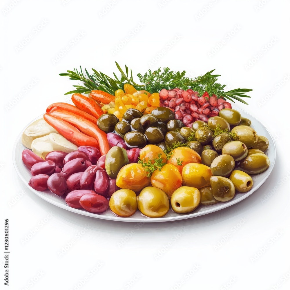 A platter of assorted pickled vegetables and marinated olives, isolated white background, hyperrealism art style A platter of assorted pickled vegetables and marinated olives, isolated white background, hyperrealism art style
