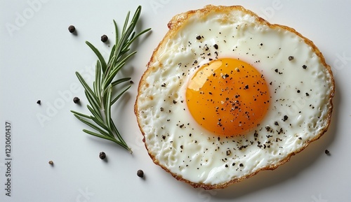 Freshly cooked egg with rosemary and pepper on a simple white background