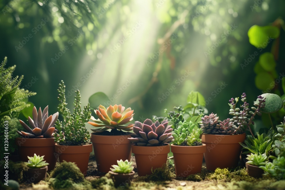 A row of vibrant succulents in terracotta pots bathed in sunlight, creating a serene garden scene. A row of vibrant succulents in terracotta pots bathed in sunlight, creating a serene garden scene.
