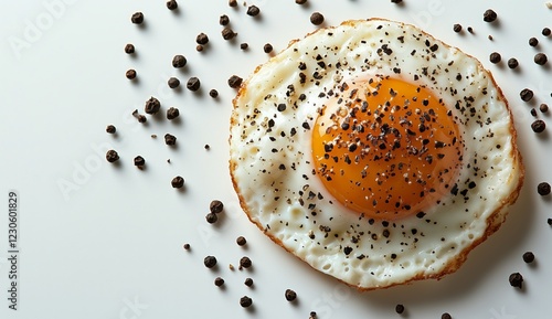 Freshly cooked sunny-side-up egg with black pepper on a white background