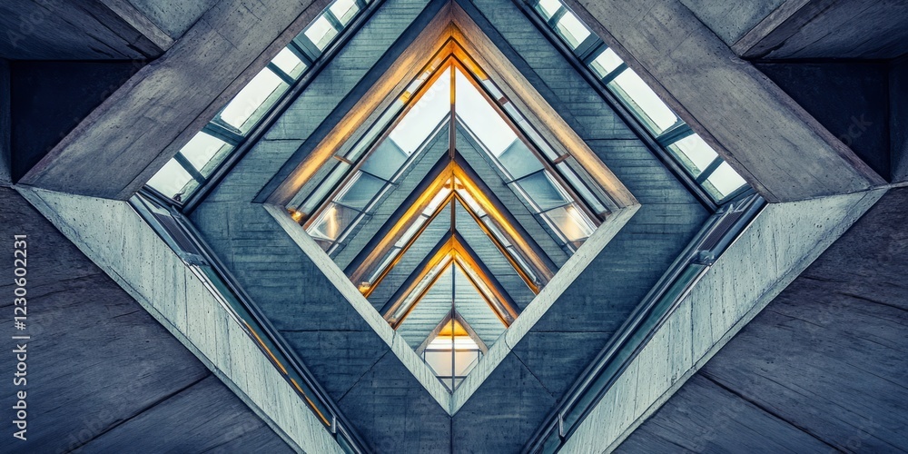 Obraz premium Symmetrical view of a modern architectural structure with geometric patterns and warm lighting, showcasing contemporary design.