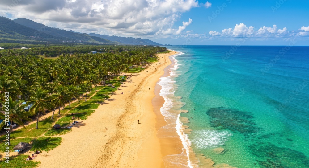 Tropical Beach with Golden Sand, Palm Trees, and Turquoise Ocean Tropical Beach with Golden Sand, Palm Trees, and Turquoise Ocean