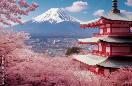 Cherry blossoms bloom around traditional temple with Mount in background duri...