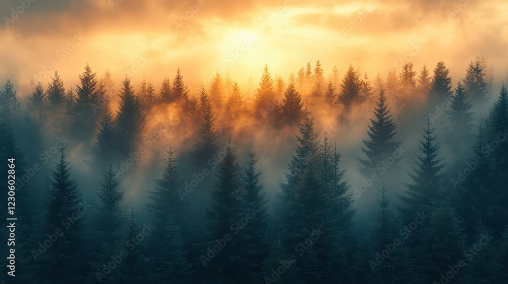 Naklejka premium Sunrise Over Misty Forest with Golden Light