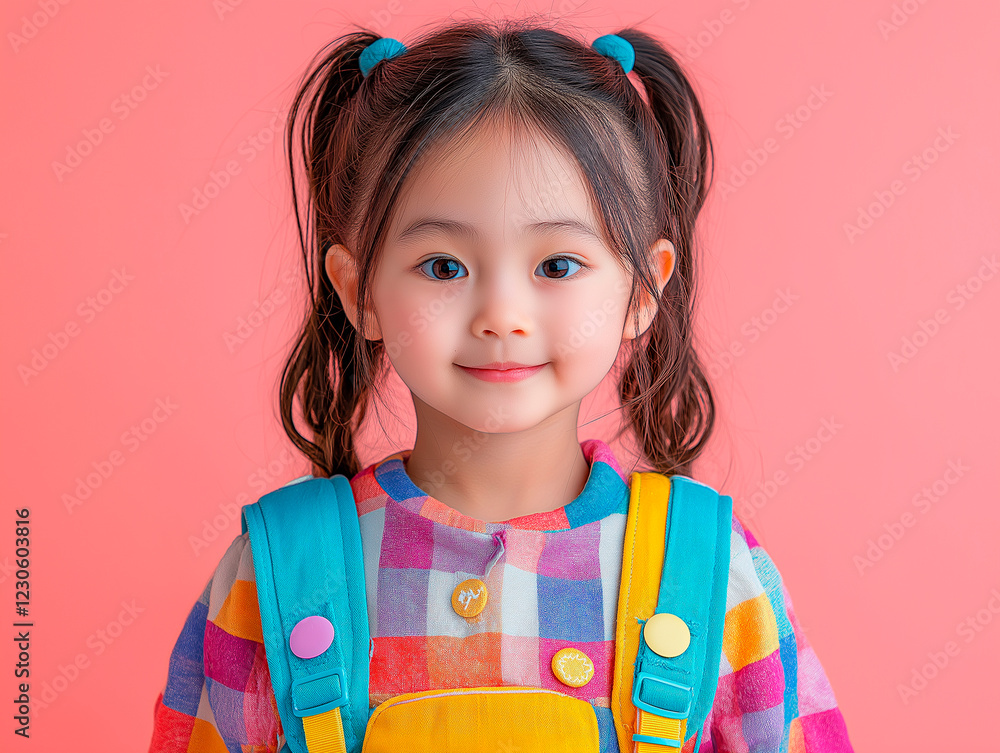 Cheerful Little Asian Girl with a Bright Smile Wearing Colorful Backpack and Stylish Outfit Against a Vibrant Pink Background Cheerful Little Asian Girl with a Bright Smile Wearing Colorful Backpack and Stylish Outfit Against a Vibrant Pink Background