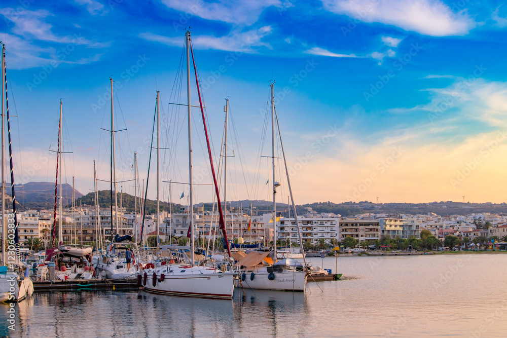 September 10, 2018. Greece. Rethymnon. Beautiful cityscape port, arsenal, modern buildings, yachts, azure sea water on the background of stormy sky at evening, harbor.