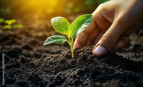 Growing a green plant with care in fertile soil during a sunny day in a garden