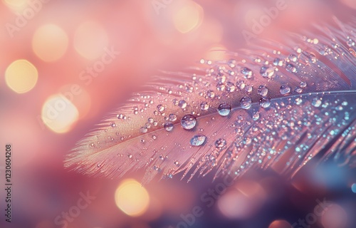 Delicate feather adorned with water droplets in soft pink light during early ...