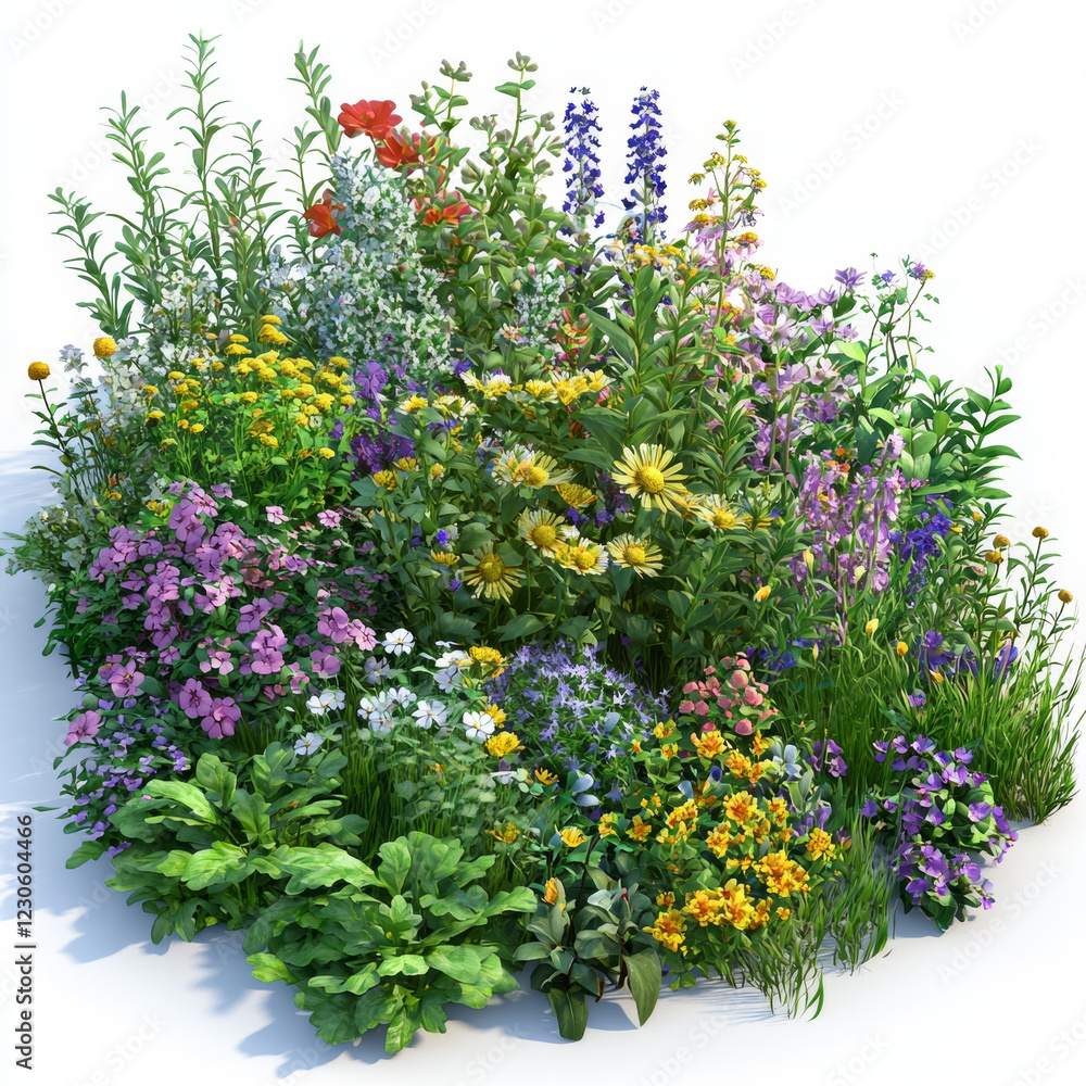 Vibrant wildflower garden bursting with color; diverse blooms in lush green foliage. Vibrant wildflower garden bursting with color; diverse blooms in lush green foliage.