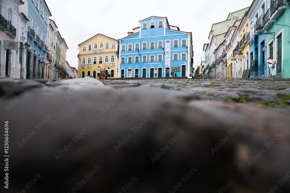 Naklejka premium View of old houses and streets in Pelourinho, located in the historic center of the city of Salvador, Brazil.