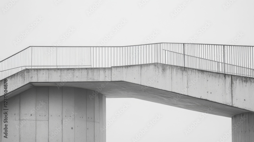 Modern concrete pedestrian bridge with metal railings against a bright sky.