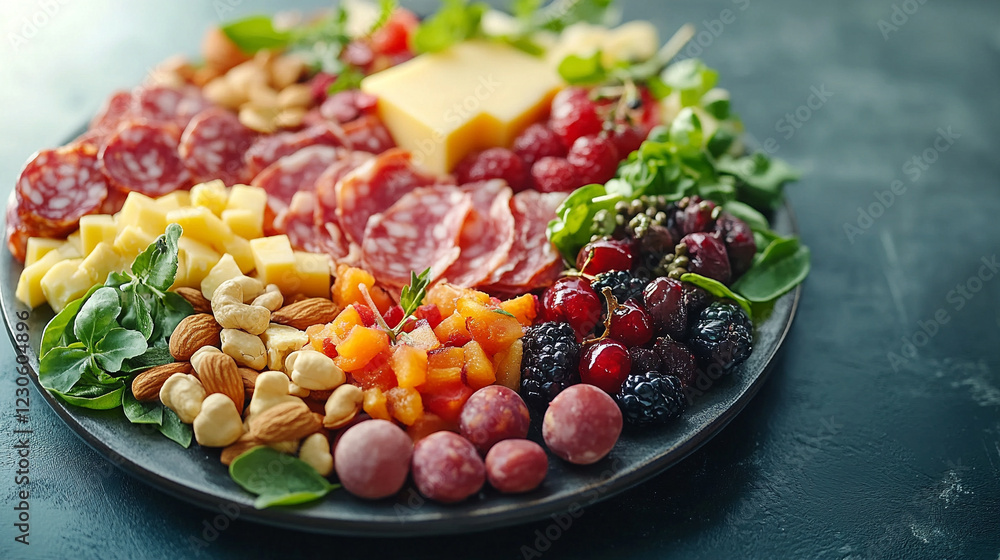 charcuterie plate with meats, cheeses, fruits, and nuts symbolizing abundance and variety minimalistic bright light tone modern blurred empty caption space on the side charcuterie plate with meats, cheeses, fruits, and nuts symbolizing abundance and variety minimalistic bright light tone modern blurred empty caption space on the side