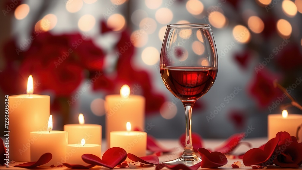 Romantic background with wine, candles and rose petals.